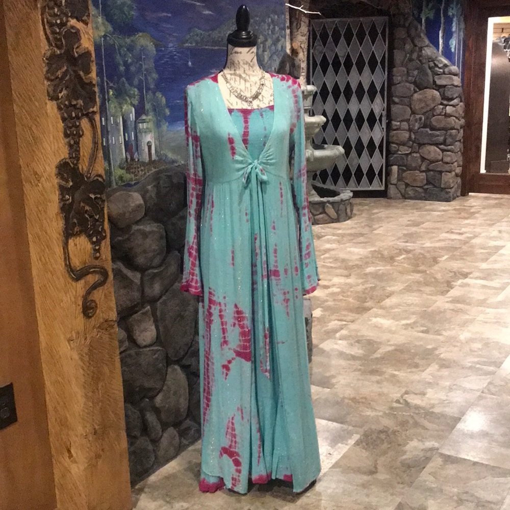 NWT Ranee’s Tie Dye Aqua Blue Tie Friend Maxi Cardigan